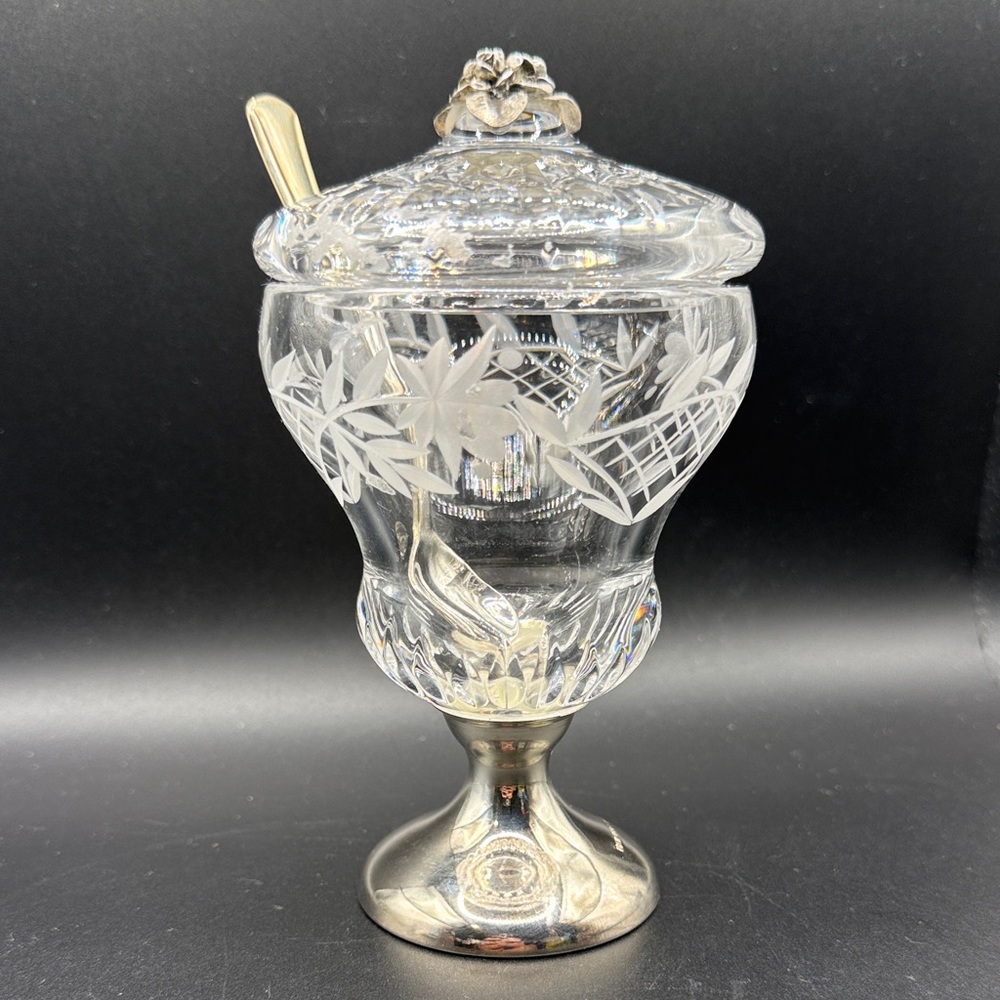 Hazorfim Sterling Silver 925 Crystal Honey Dish with Sterling Silver Spoon